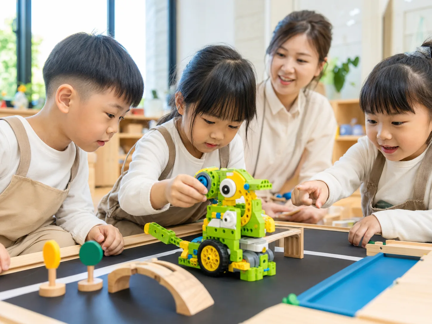 孩子在任務路線上測試並調整機器人作品