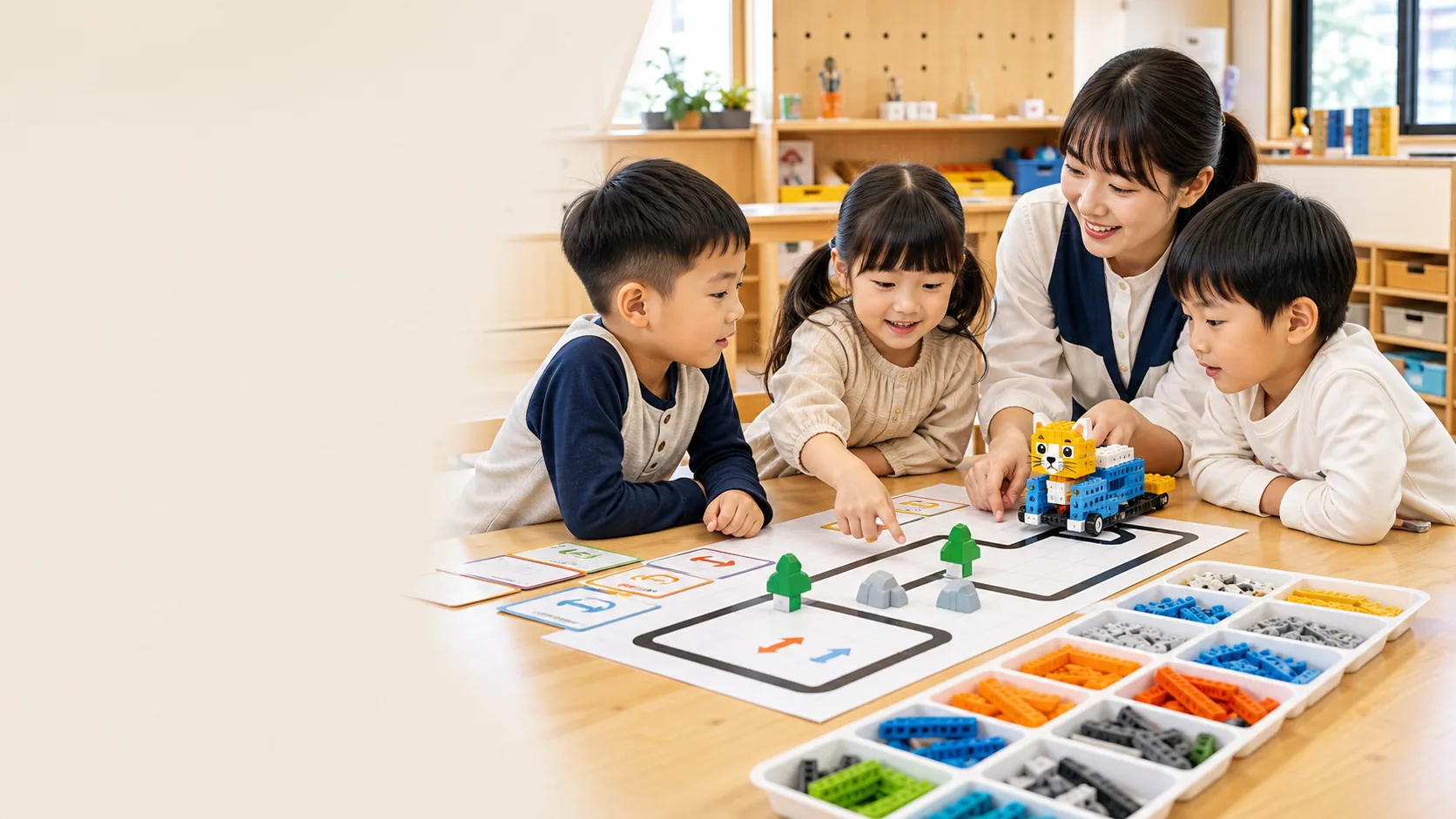 幼兒與老師觀察路線並測試機器人任務