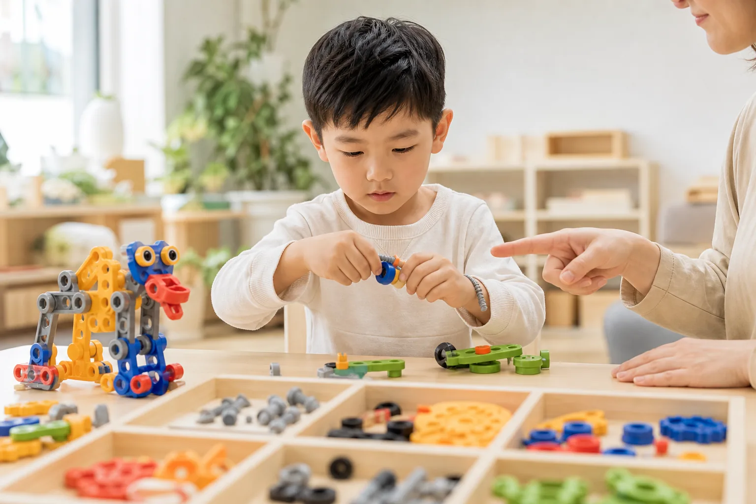 孩子親手連接零件並建造自己的機器人作品