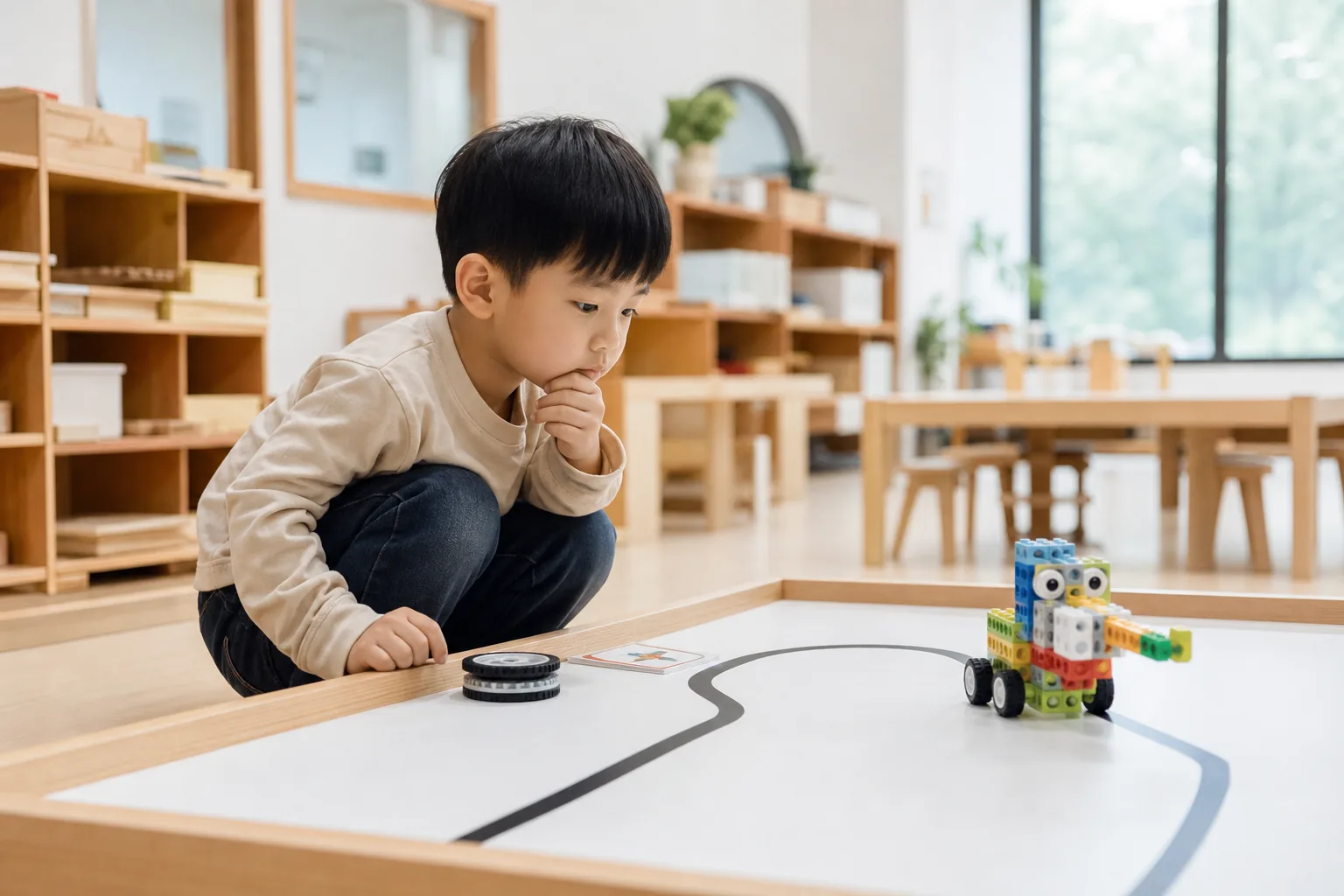 孩子觀察機器人測試結果並思考調整方法