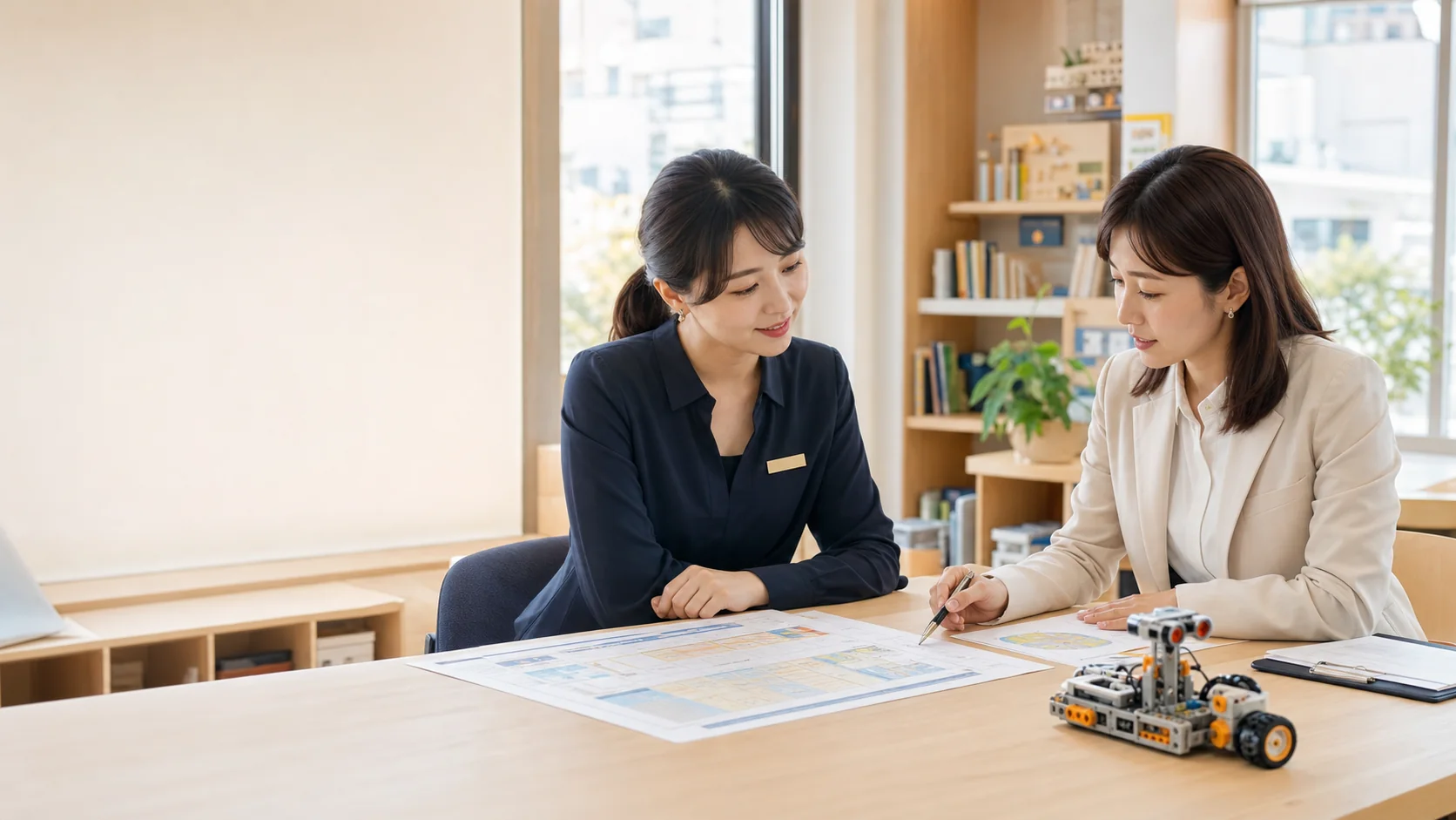 幼兒園主管與課程顧問討論機器人課程合作