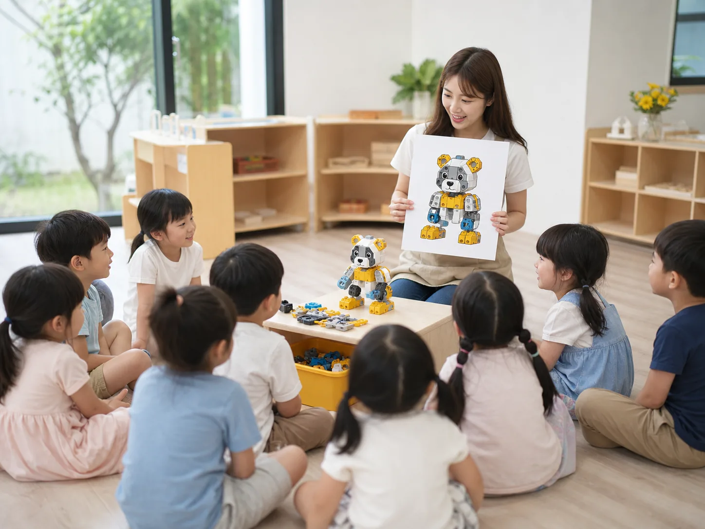 老師以動物機器人故事引導幼兒理解課堂任務
