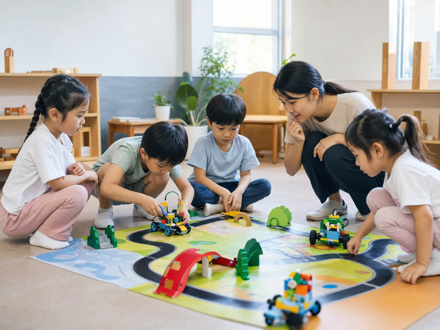 幼兒在任務路線上測試並修正機器人作品