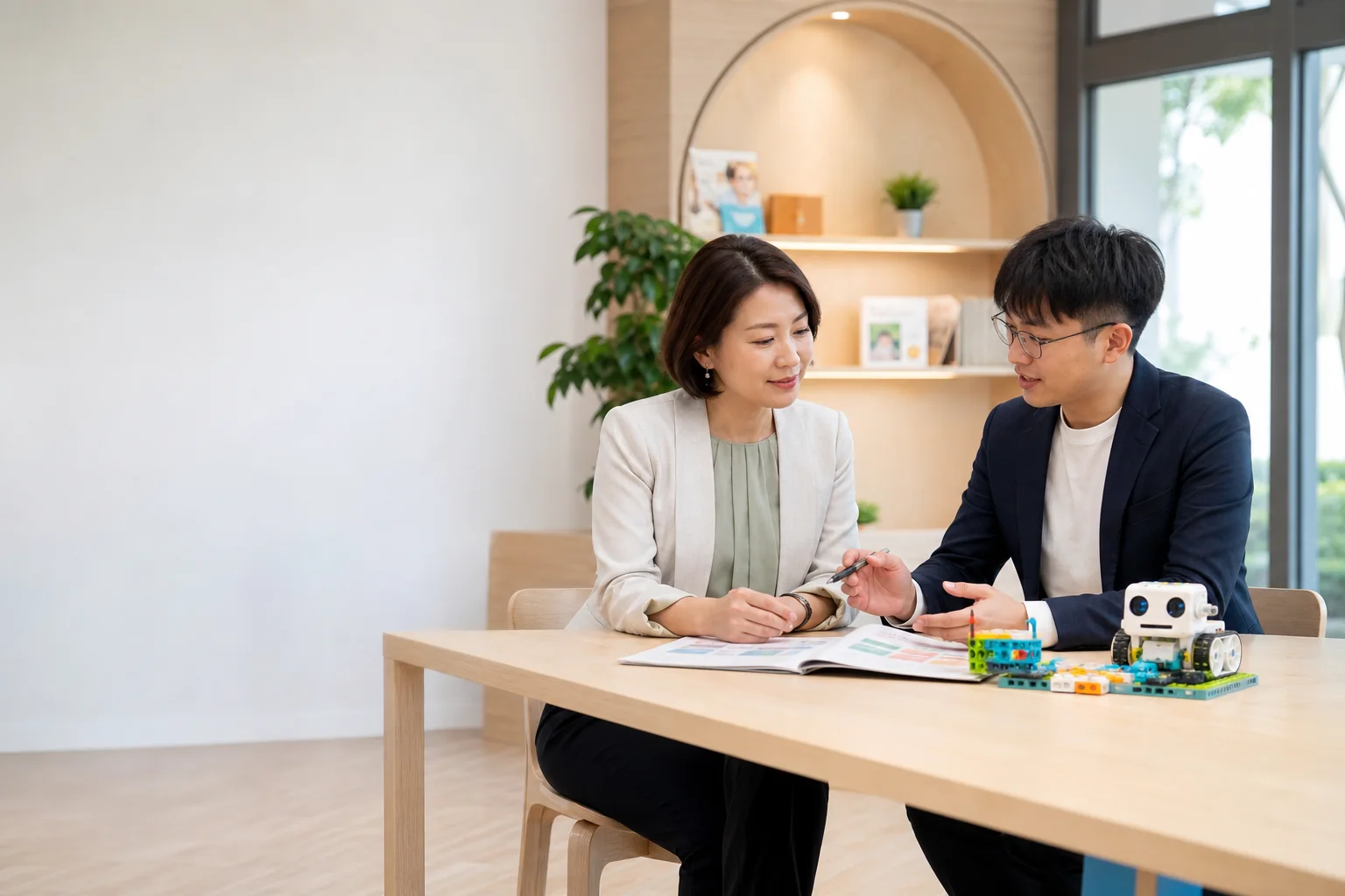 園所主管與機器人課程顧問討論合作規劃