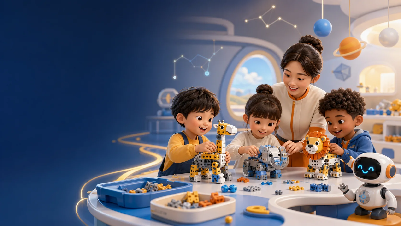 幼兒在老師帶領下進行機器人創作