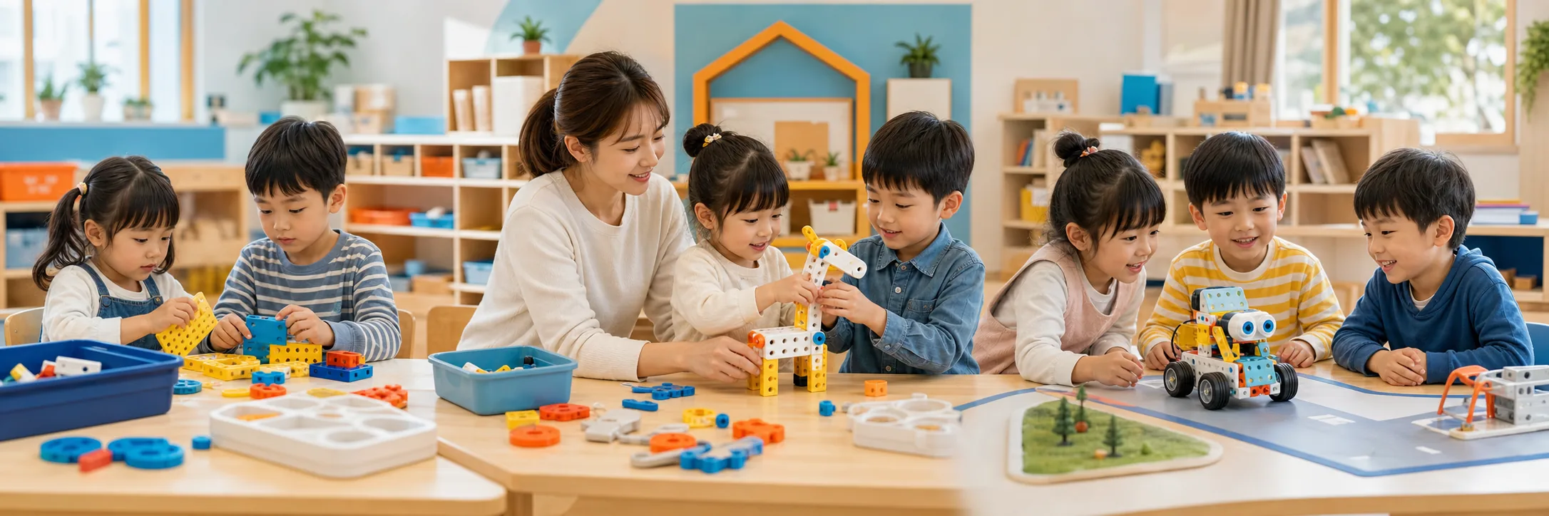 老師帶領混齡幼兒進行機器人主題課程