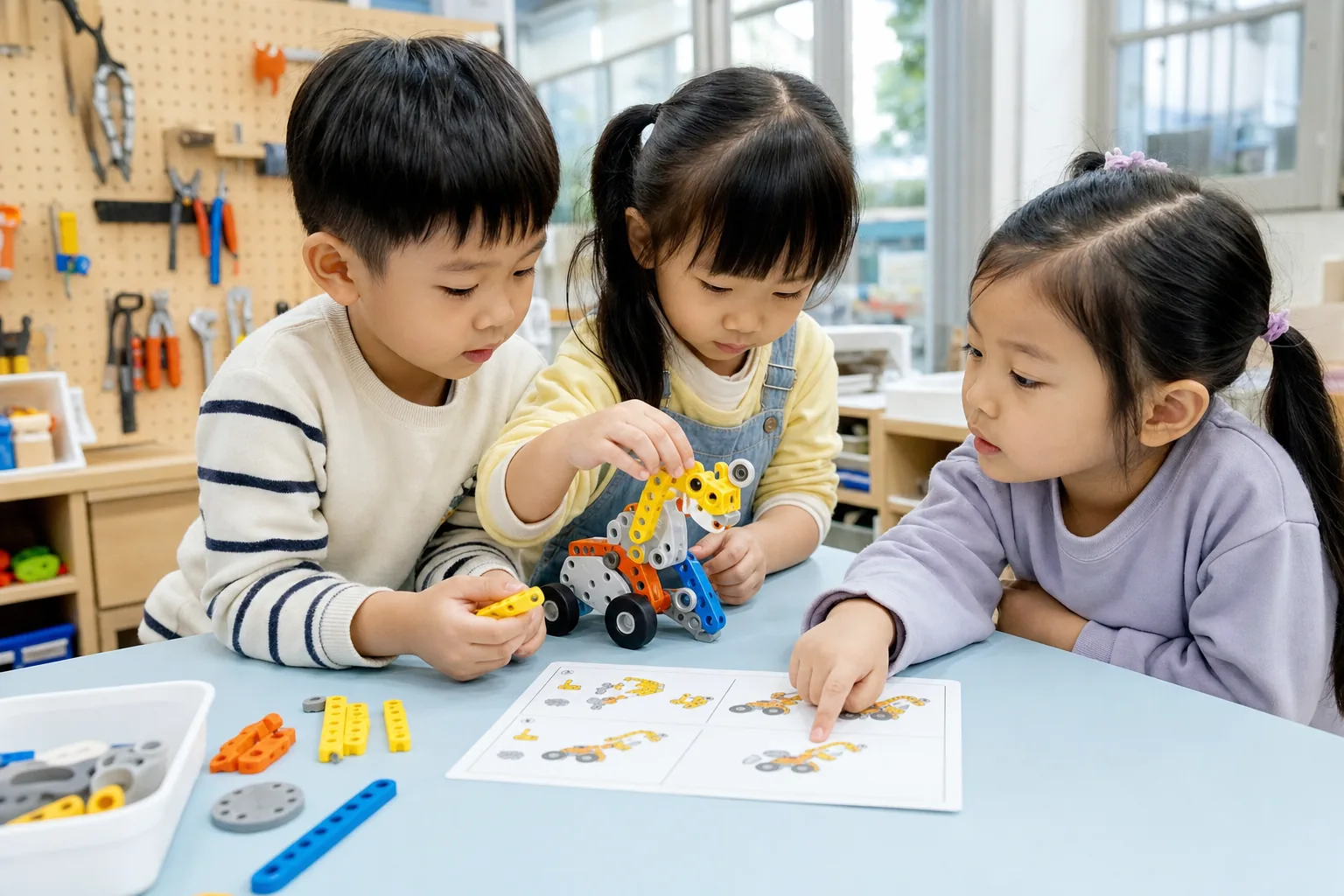 中班孩子依照圖卡組裝機器人作品