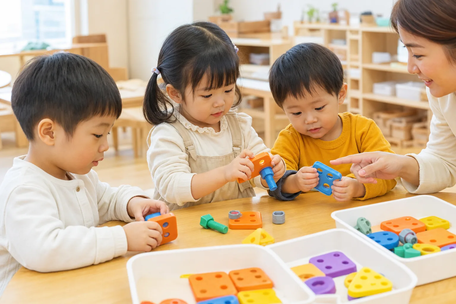 小班孩子探索與連接機器人零件